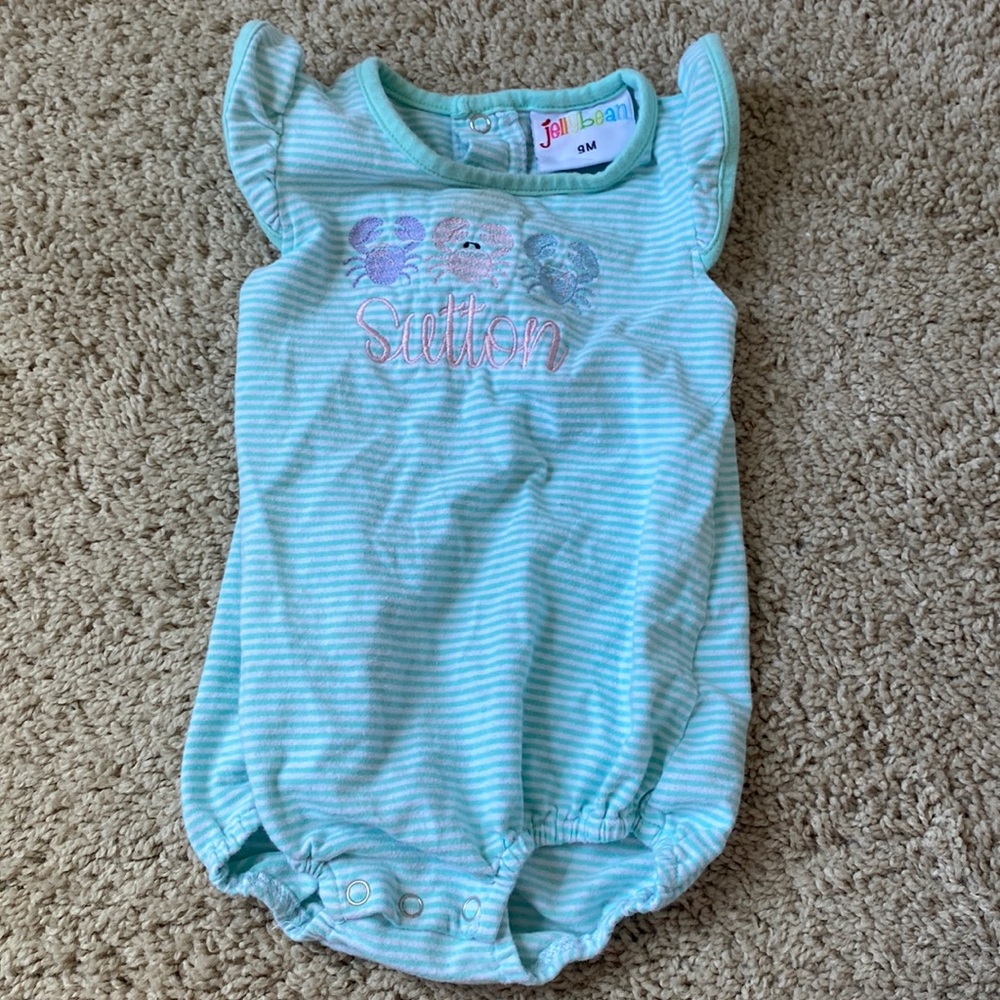 Jellybean mint bubble with crab and Sutton embroidery